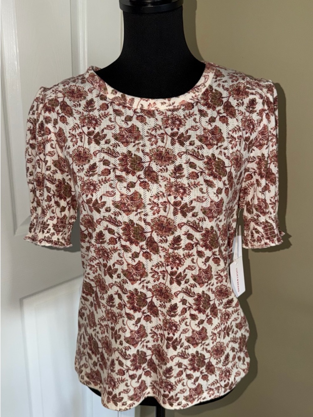 Lucky Brand Cream Knit Top with Rust and Olive Floral